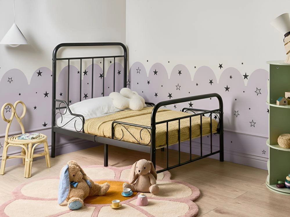 Letto estensibile in ferro per bambini 90 x 130/160/200 cm con rete a doghe nero stile moderno