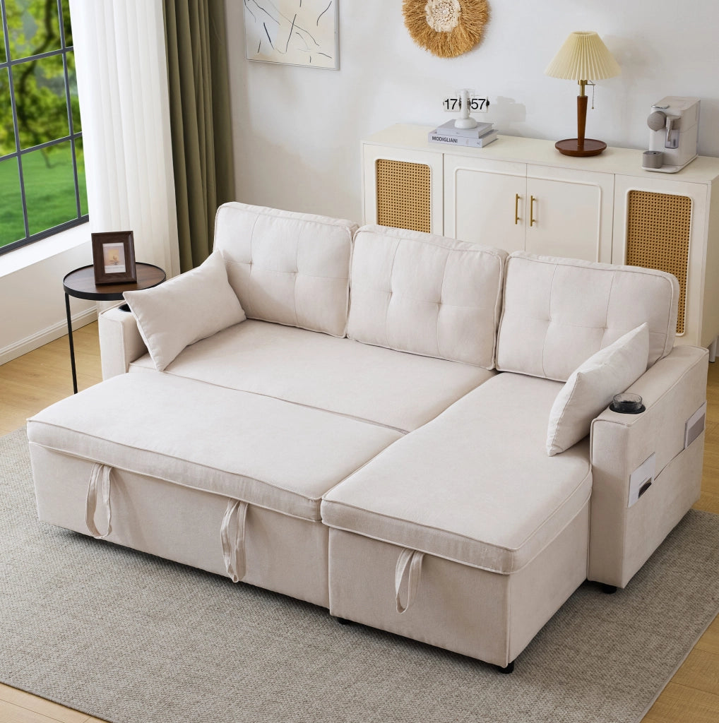 Divano letto angolare beige reversibile con contenitore