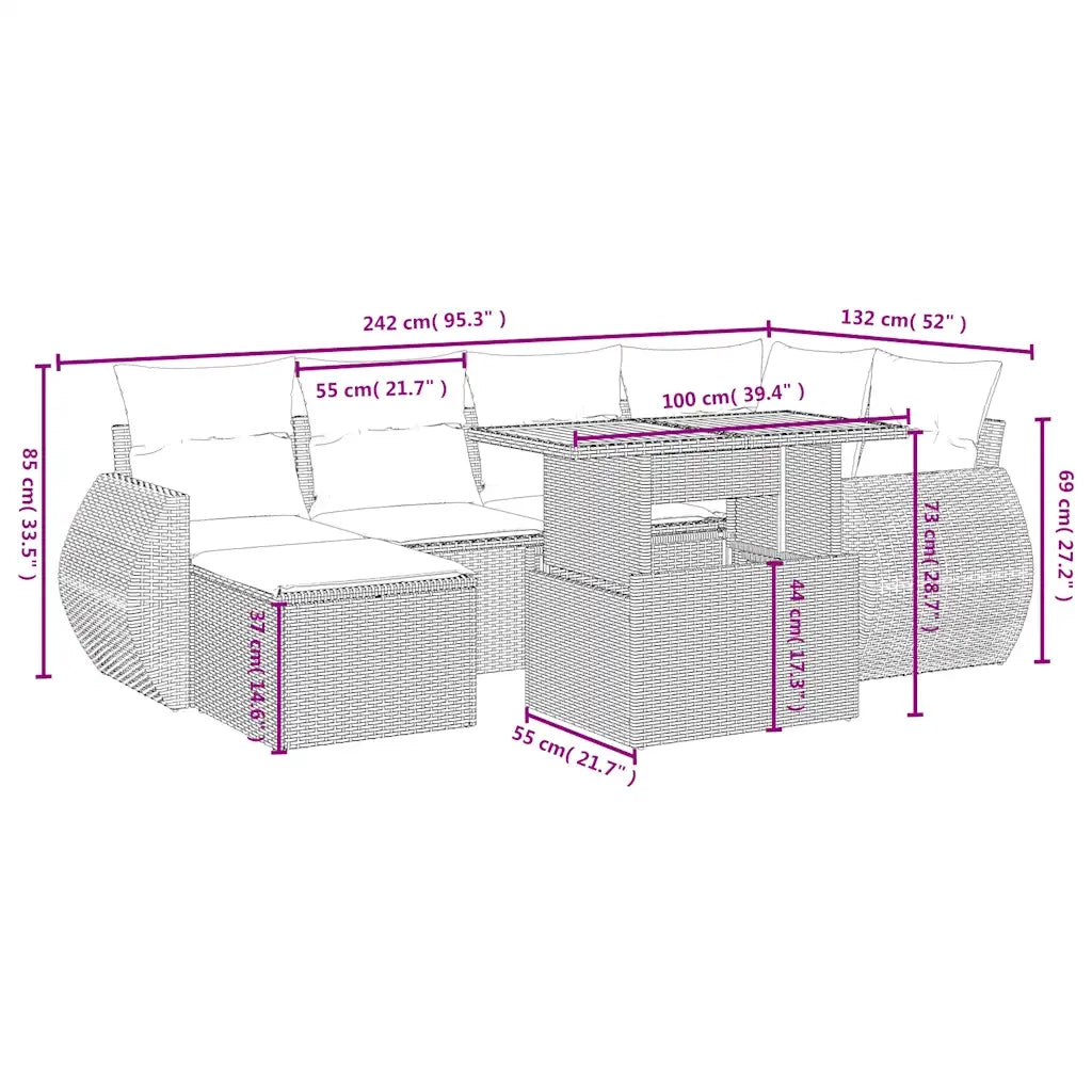 Set Divani da Giardino 7 pz con Cuscini Beige in Polyrattan