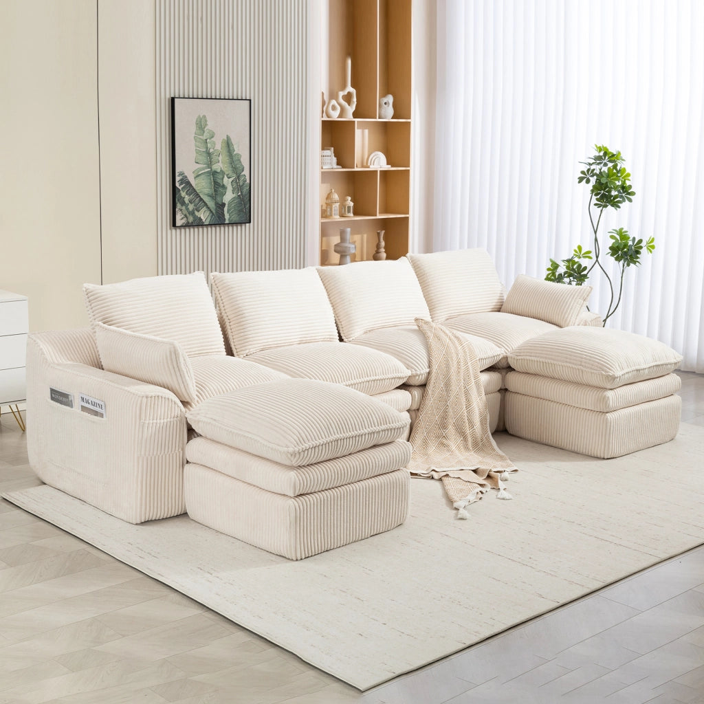 Divano modulare 4 posti con tasche laterali e cuscini; configurazione flessibile; in corduroy beige