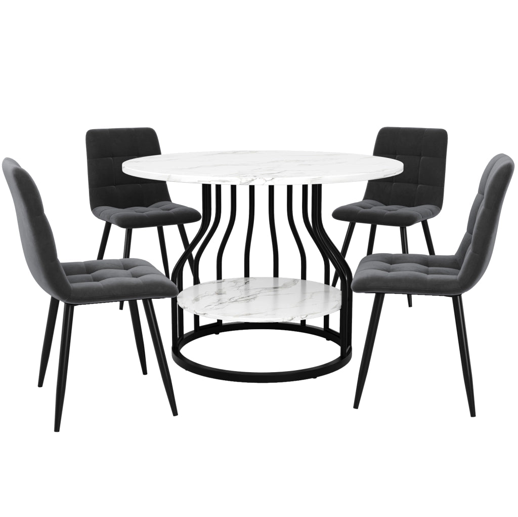 Set da pranzo 80x80x76 cm con tavolo rotondo e 4 sedie; piano effetto marmo; metallo; velluto nero e grigio