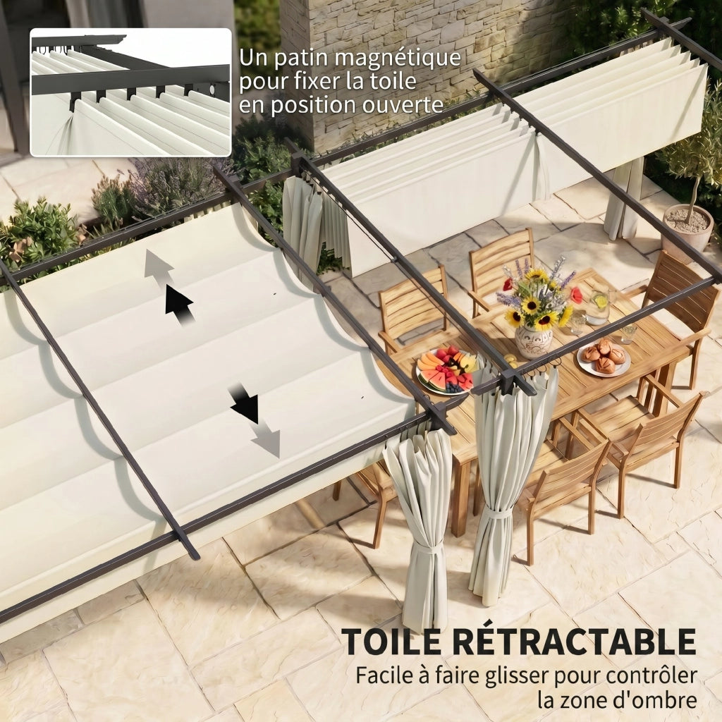 Pergola da giardino esterno ¨C zephmum ¨C 3x4m crema, tetto retrattile, tende, UPF30+