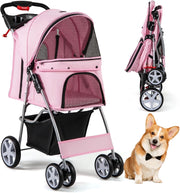Passeggino per Cani, Carrozzina per Cani Pieghevole Fino a 15 kg, 4 Ruote con Finestra a Rete Porta Bicchiere e Cesto, Passeggino Portatile per Animali Piccola e Media (Rosa)