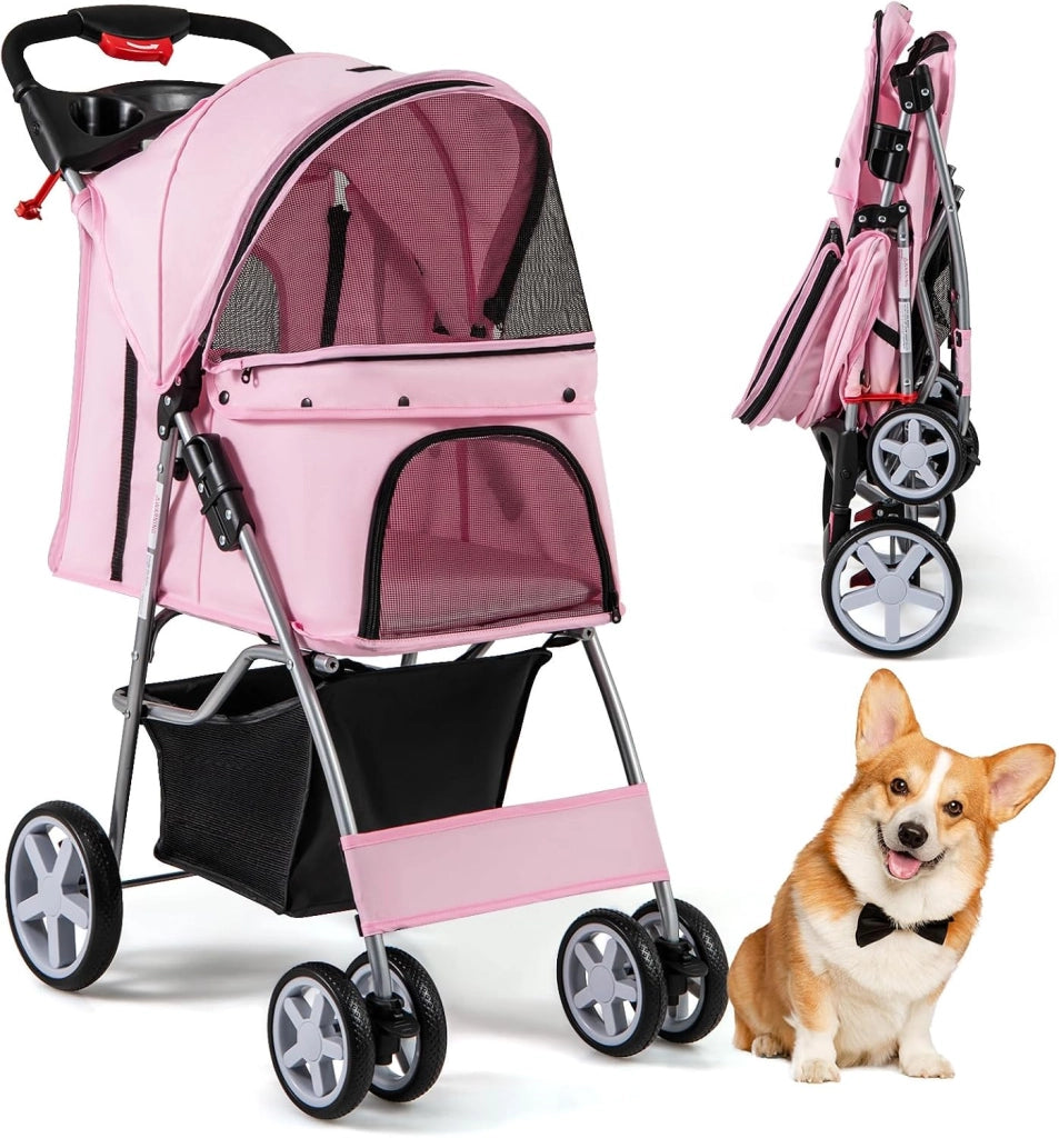 Passeggino per Cani, Carrozzina per Cani Pieghevole Fino a 15 kg, 4 Ruote con Finestra a Rete Porta Bicchiere e Cesto, Passeggino Portatile per Animali Piccola e Media (Rosa)