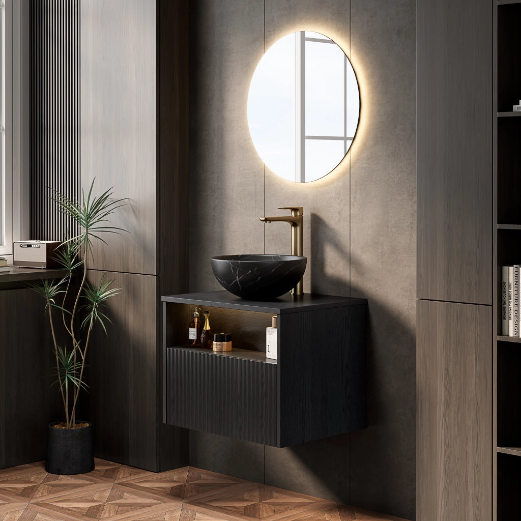 Mobile bagno sospeso con 1 cassetto e 1 vano aperto; lavabo in ceramica e luce LED con sensore; 60×46×60.8 cm