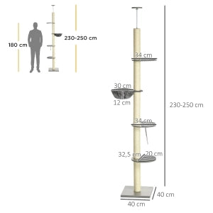 Albero tiragraffi da soffitto regolabile 230-250 cm grigio con tiragraffi, pedane e amaca per gatti fino a 5 kg