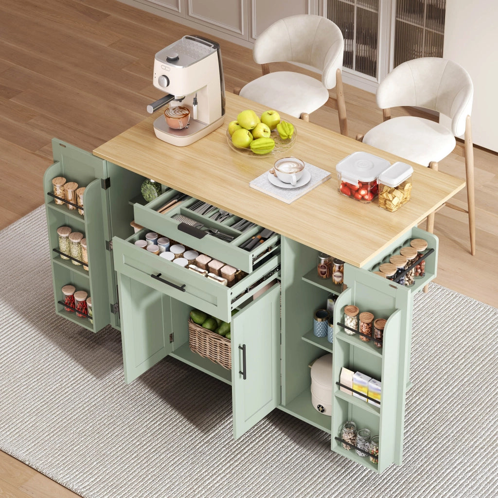 Carrello cucina mobile con piano estraibile 120x45 cm, anta doppia, cassetto nascosto e ripiani regolabili, verde anticato
