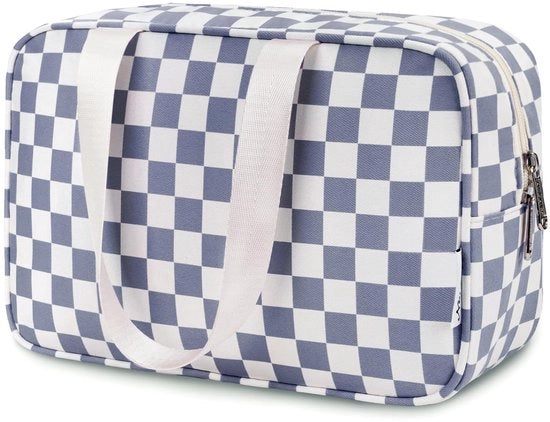 Borse da toeletta per donne, grandi borse da toeletta per donne, borsa cosmetica, borse da toeletta, organizzatore di trucchi per bambini e donne (grigio-azzurro scacchiere)