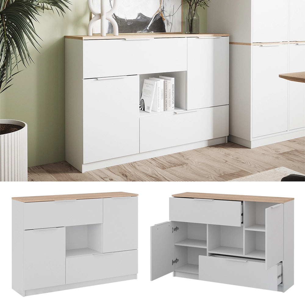 Vicco Cassettiera per camera da letto Bianco/Sonoma 120 x 83.6 cm 2x porta, 2x cassetto e 1x scomparto aperto