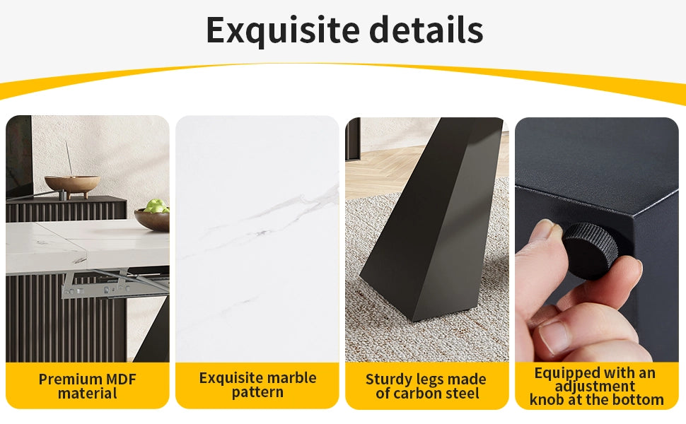 Tavolo da pranzo per 4 persone allungabile con piano effetto marmo e 4 sedie in velluto, struttura in MDF e metallo, bianco