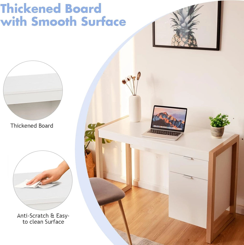 Scrivania per Computer, Scrittoio per Studio Moderno con Cassetto e Armadietto Spazioso in Legno Solido, per Ufficio/Casa, Portata di 70kg, 112,5x 50x75cm, Bianco (Bianco)