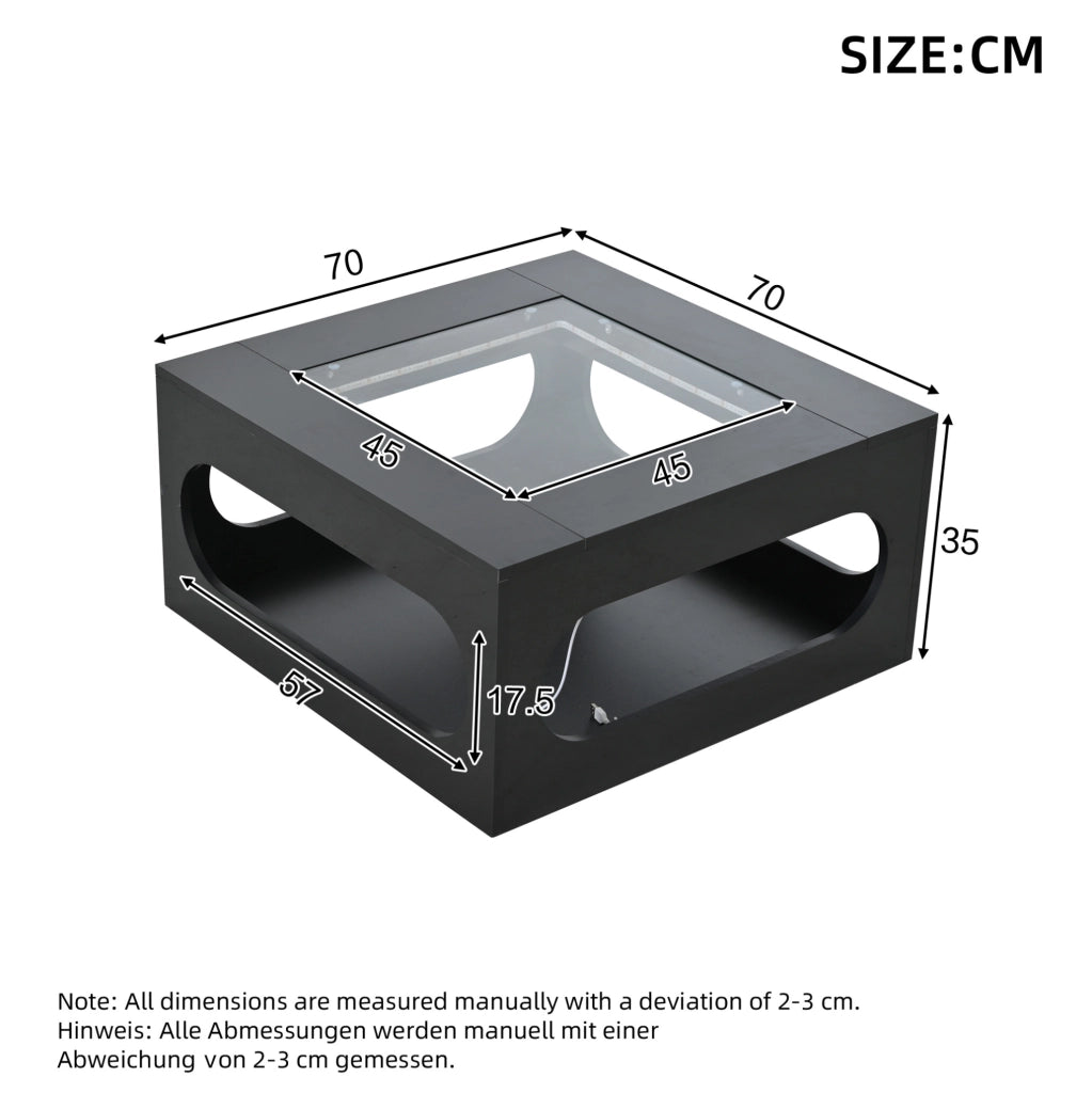 Tavolino da salotto quadrato 70 x 70 x 35 cm con LED controllato da app; vetro temperato; nero