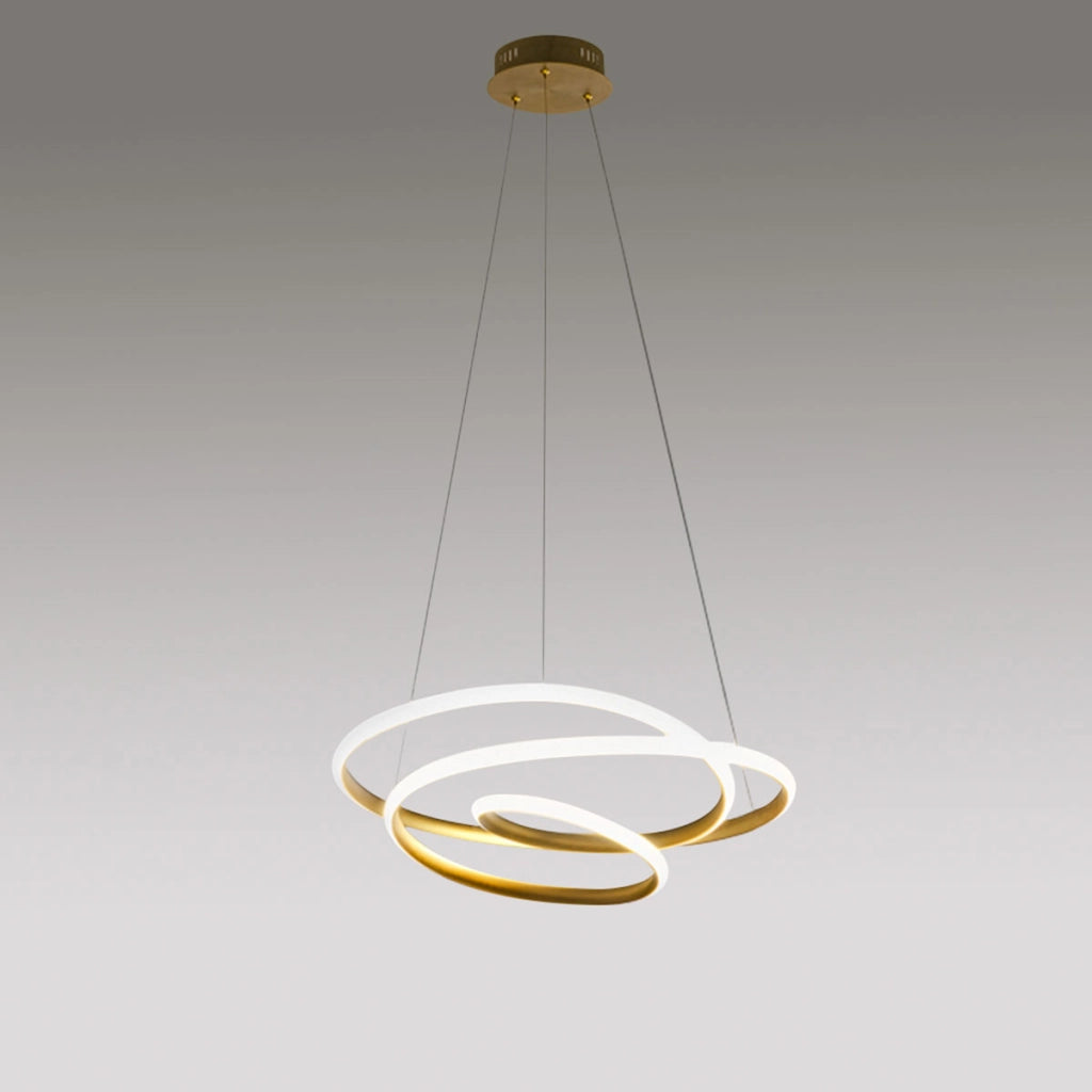 Diva - Lampada a sospensione led 47W dimmerabile - Design moderno in alluminio oro spazzolato, luce calda 3000K, anelli intrecciati d.65cm