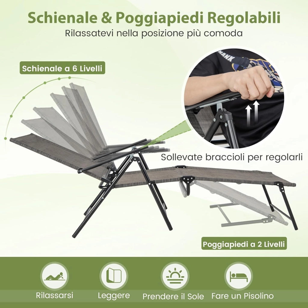 Set di 2 Lettini Prendisole da Giardino, con Schienale Regolabile, Sedia a Sdraio Pieghevole con Schienale Reclinabile, per Terrazzo Piscina Giardino, Portata 150 kg (Marrone)