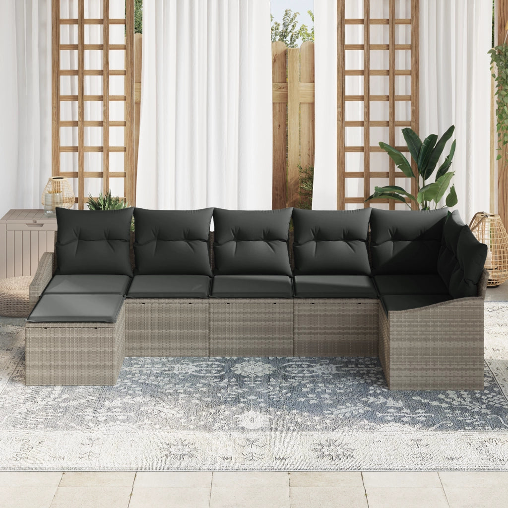 Set Divano da Giardino di 7 Pezzi con Cuscini Grigio Chiaro in Polyrattan
