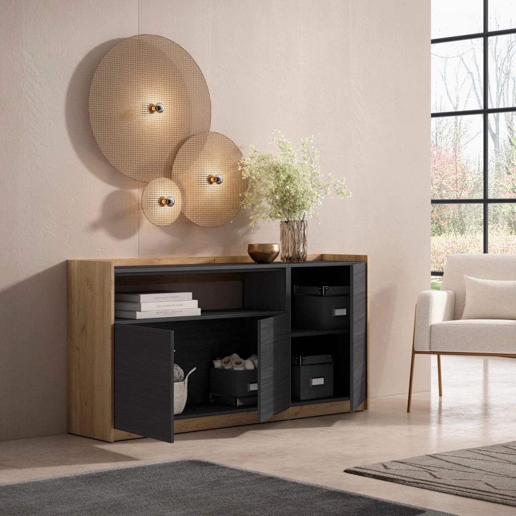 Credenza, Mobile, Cucina, 156x80x37 cm, 3 Porte, grande stoccaggio, Nero e rovere