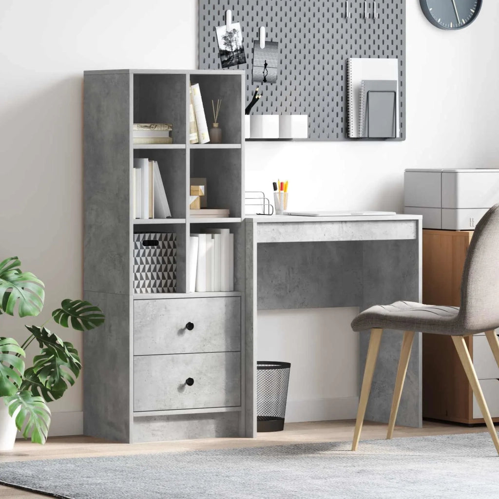 Scrivania | Tavolo da Ufficio con cassetto con lo scaffale 2 pz Grigio cemento