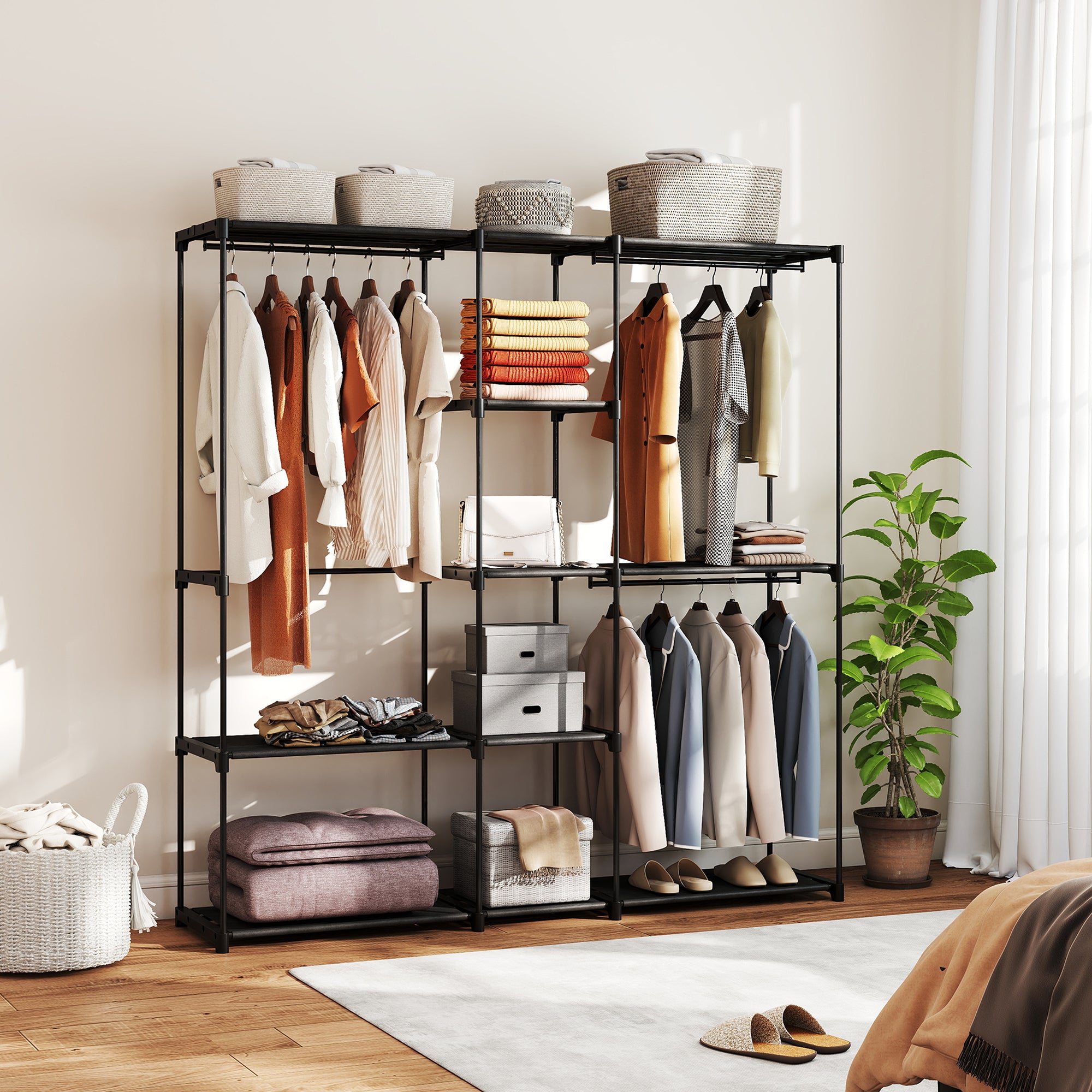 Armadio Guardaroba 182x43x185 cm con 8 Ripiani e 3 Aste per Appendere in Tessuto Nero