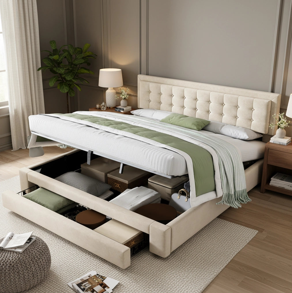 Letto matrimoniale contenitore con cassetti; testiera regolabile; velluto; 180x200 cm; beige
