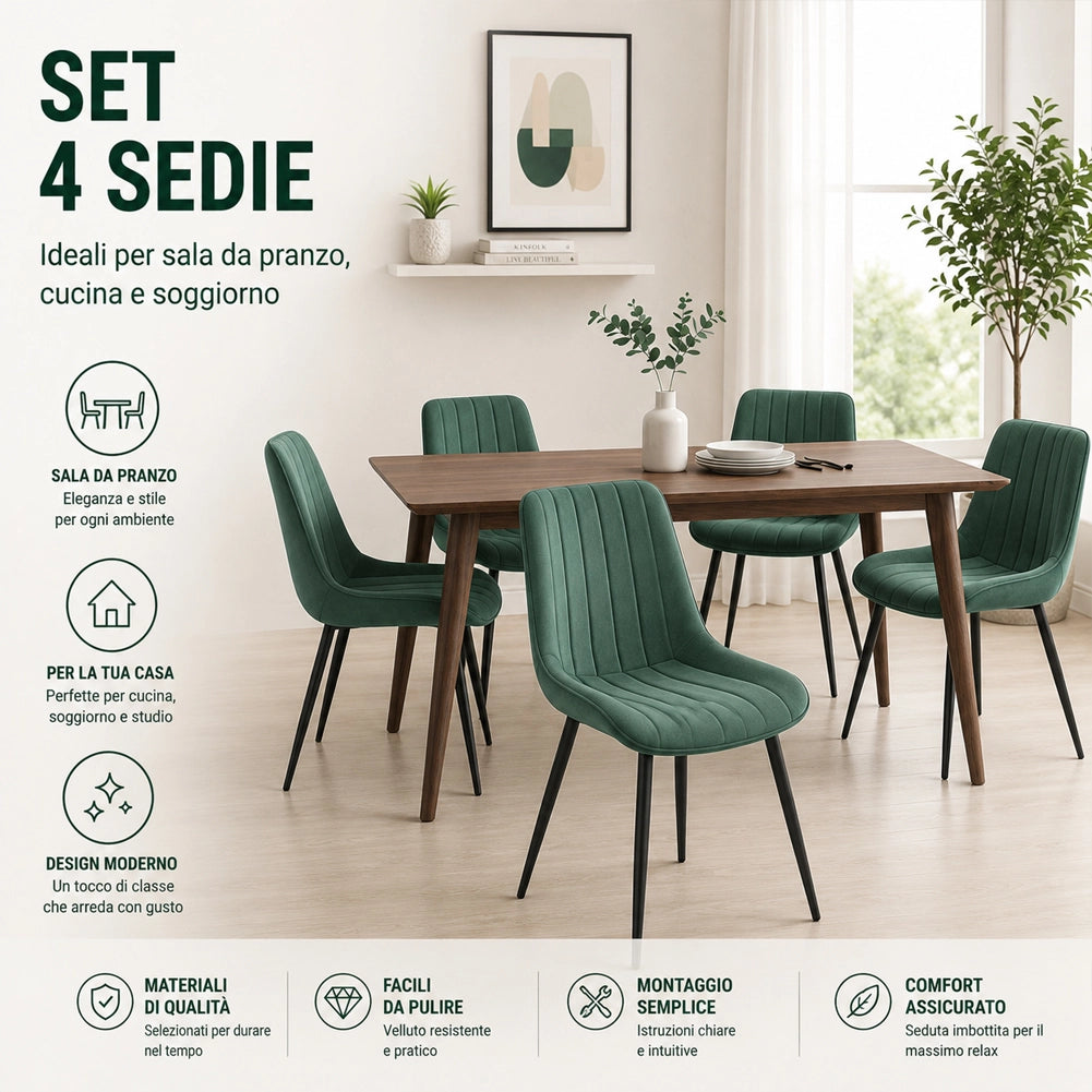 Set 4 Sedie da Pranzo Verdi in Velluto Seduta Ergonomica e Struttura in Acciaio