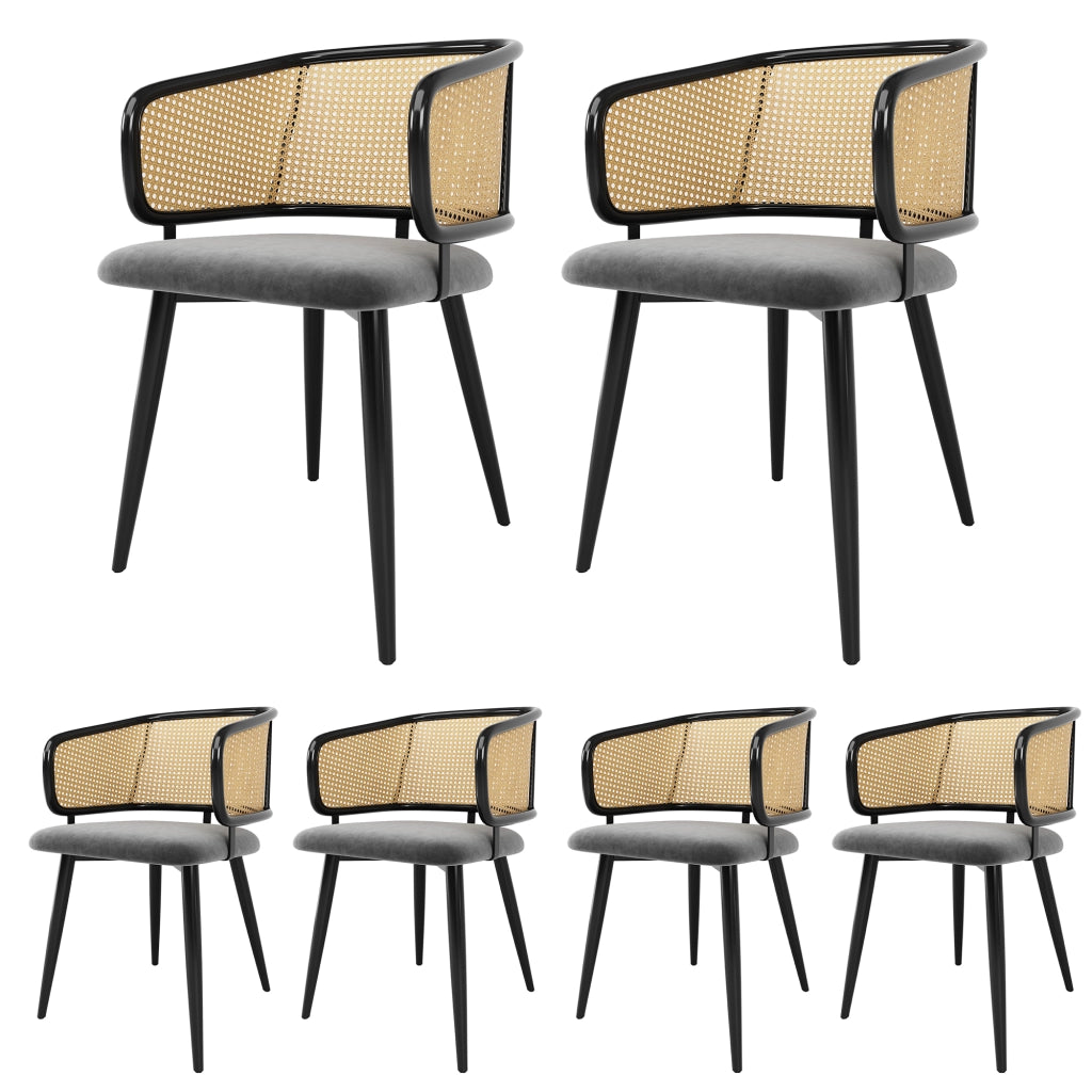 Sedia da pranzo in rattan con cuscino in velluto e gambe in ferro, schienale ergonomico, grigio