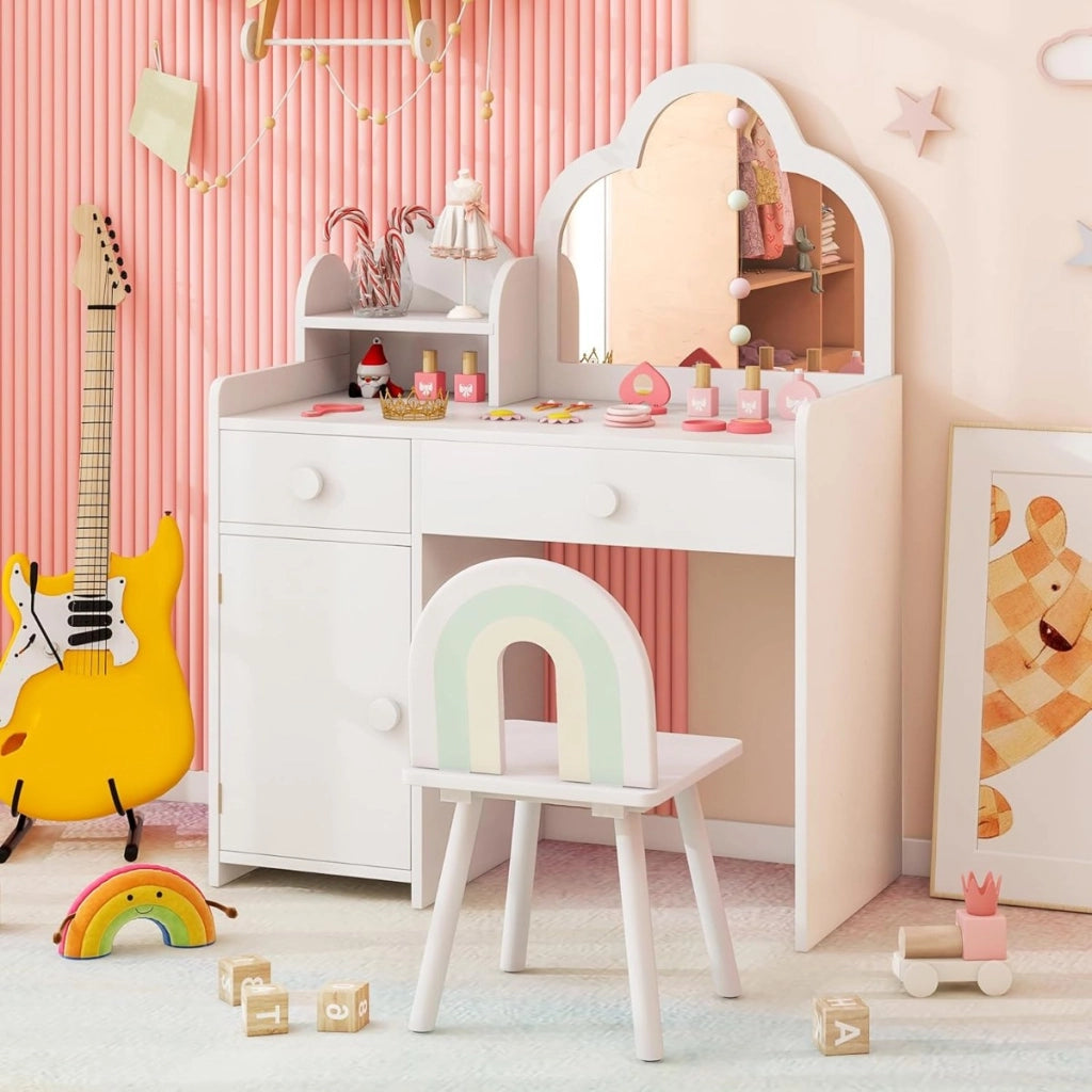 Set toeletta per bambini in legno massello-Tavolo da trucco per ragazze con specchio a forma di nuvola Bianco