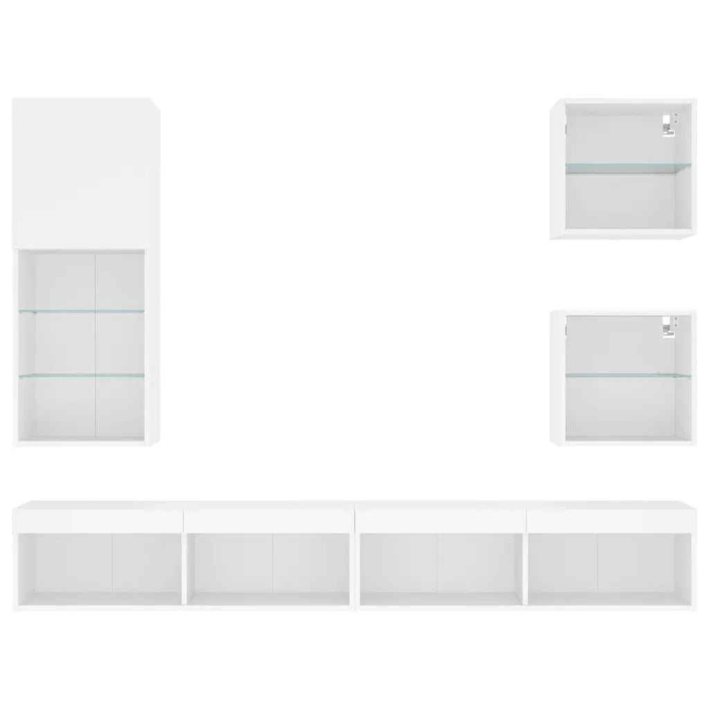 Mobili TV a Muro con LED 5pz Bianchi in Legno Multistrato