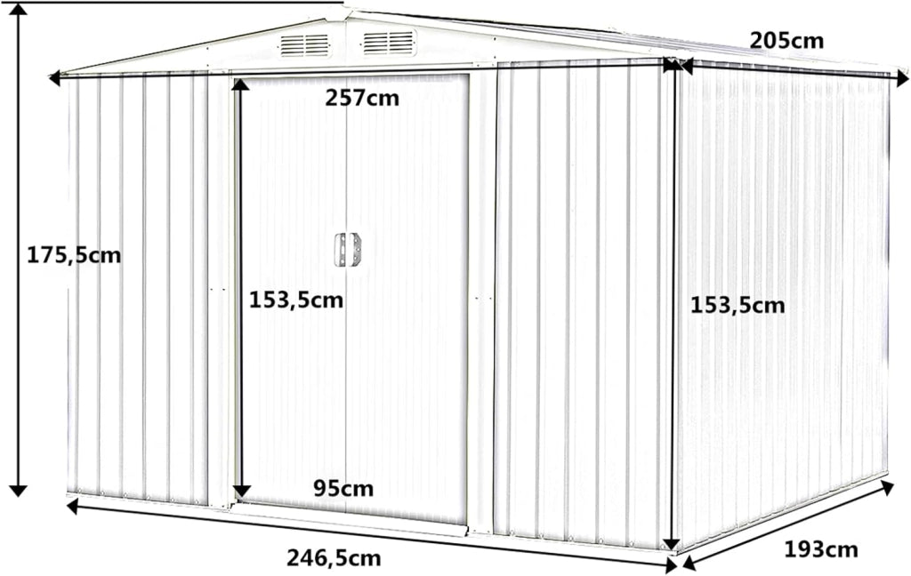 Casetta da Giardino 4,75㎡, Capanno da Esterno in Lamiera Zincata Resistente alle Intemperie con Porta Scorrevole e Tetto a Sella Galvanizzato con Ventilazione, 257 x 205 x 175,5 cm