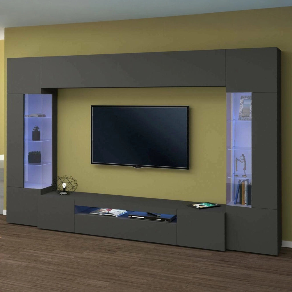 Parete attrezzata Arga, Set salotto porta TV a 6 ante, Mobile soggiorno multiuso con luce LED, 100% Made in Italy, cm 290x40h191, Antracite