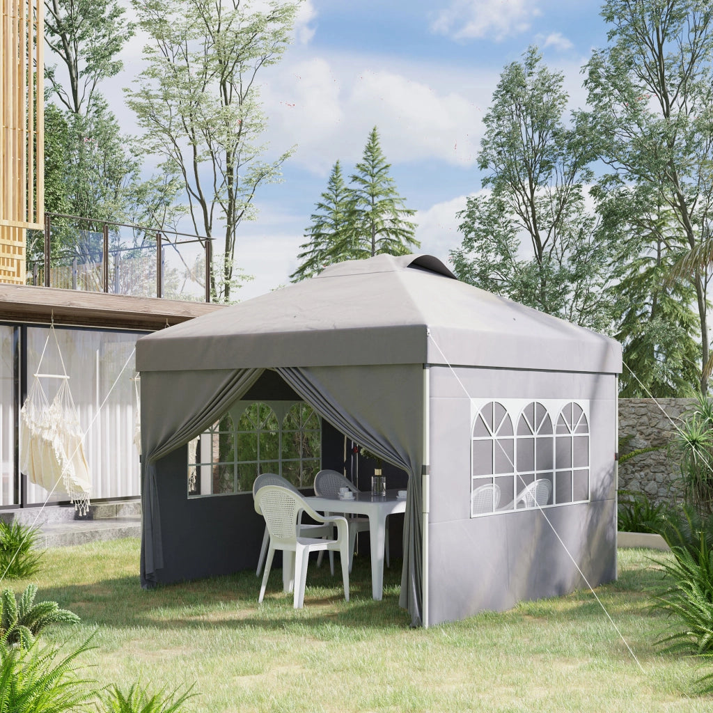 Gazebo Pieghevole 3x3 m con Altezza Regolabile su 3 Livelli, Finestre e Borsa di Trasporto, Grigio Chiaro