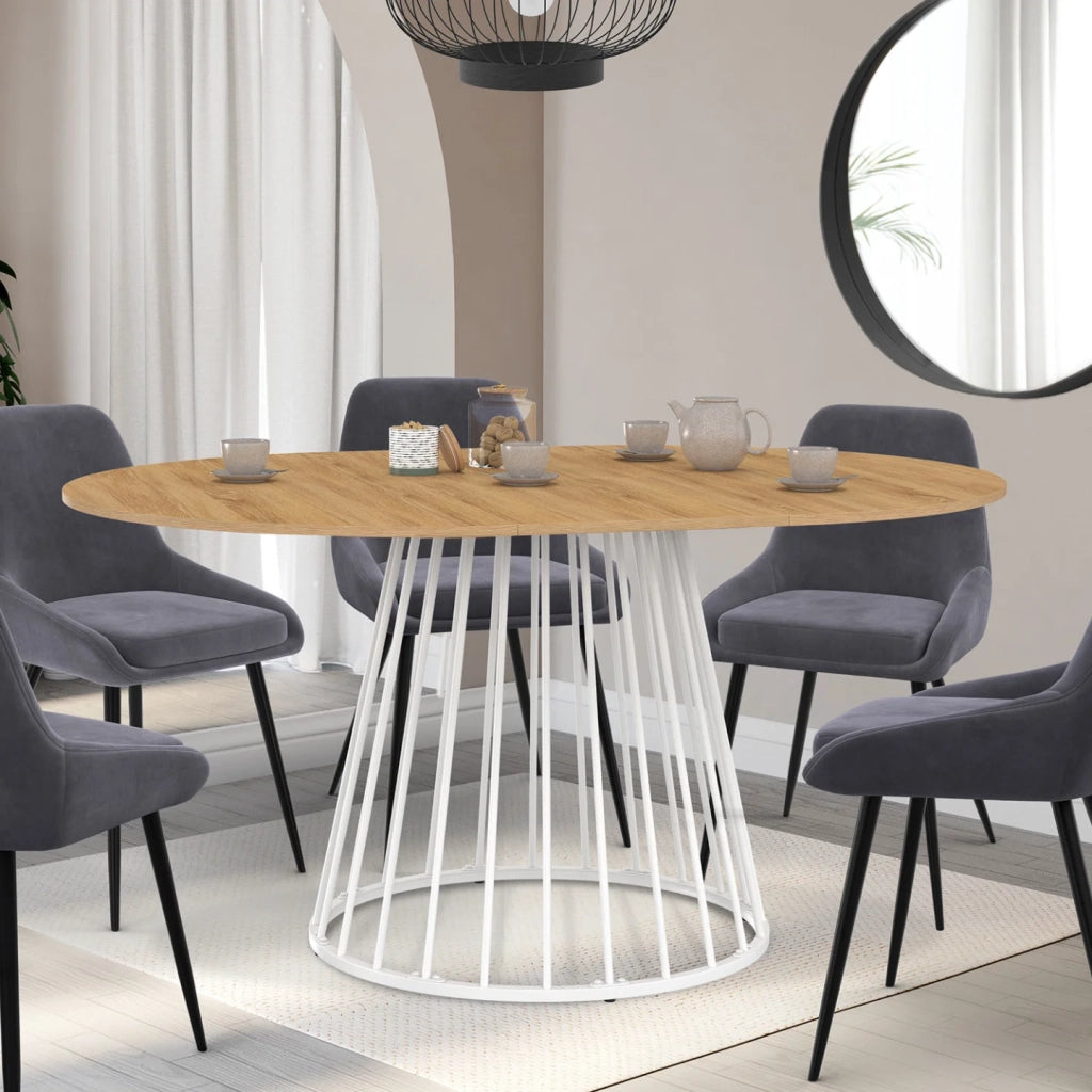 IDMarket - Tavolo da pranzo rotondo allungabile YUNA per 4-8 persone con piano in legno e gamba in filo metallico bianco 110 - 150 cm