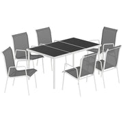 Set 7 Pezzi Pranzo da Giardino con Tavolo Rettangolare 150x90x72 cm e 6 Sedie Impilabili in Metallo e Texteline Grigio