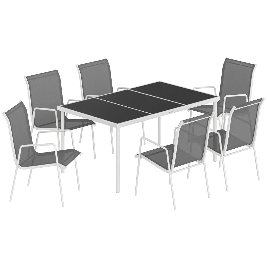 Set 7 Pezzi Pranzo da Giardino con Tavolo Rettangolare 150x90x72 cm e 6 Sedie Impilabili in Metallo e Texteline Grigio