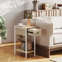 Tavolino Ausiliario Stretto con Cassetto Scaffale Aperto e Struttura Metallica per Salotto e Camera, 25x39,8x58,2 cm, Legno Naturale