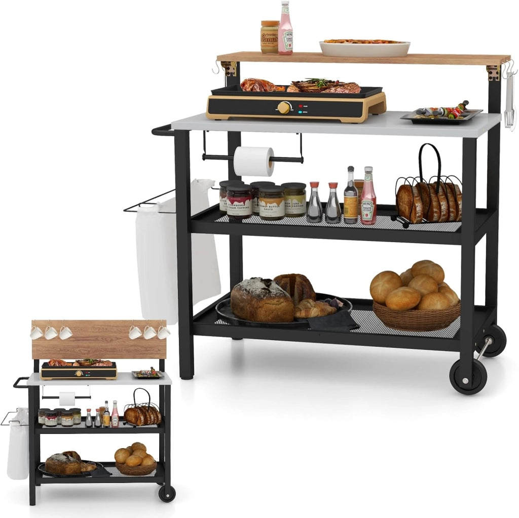 Carrello per Barbecue con 3 Ripiani e Tavola Ribaltabile, Carrello da Cucina con Ruote e 6 Ganci, Carrello Porta Griglia Multiuso in Ferro Zincato, per Interno ed Esterno, 116 x 55 x 130 cm