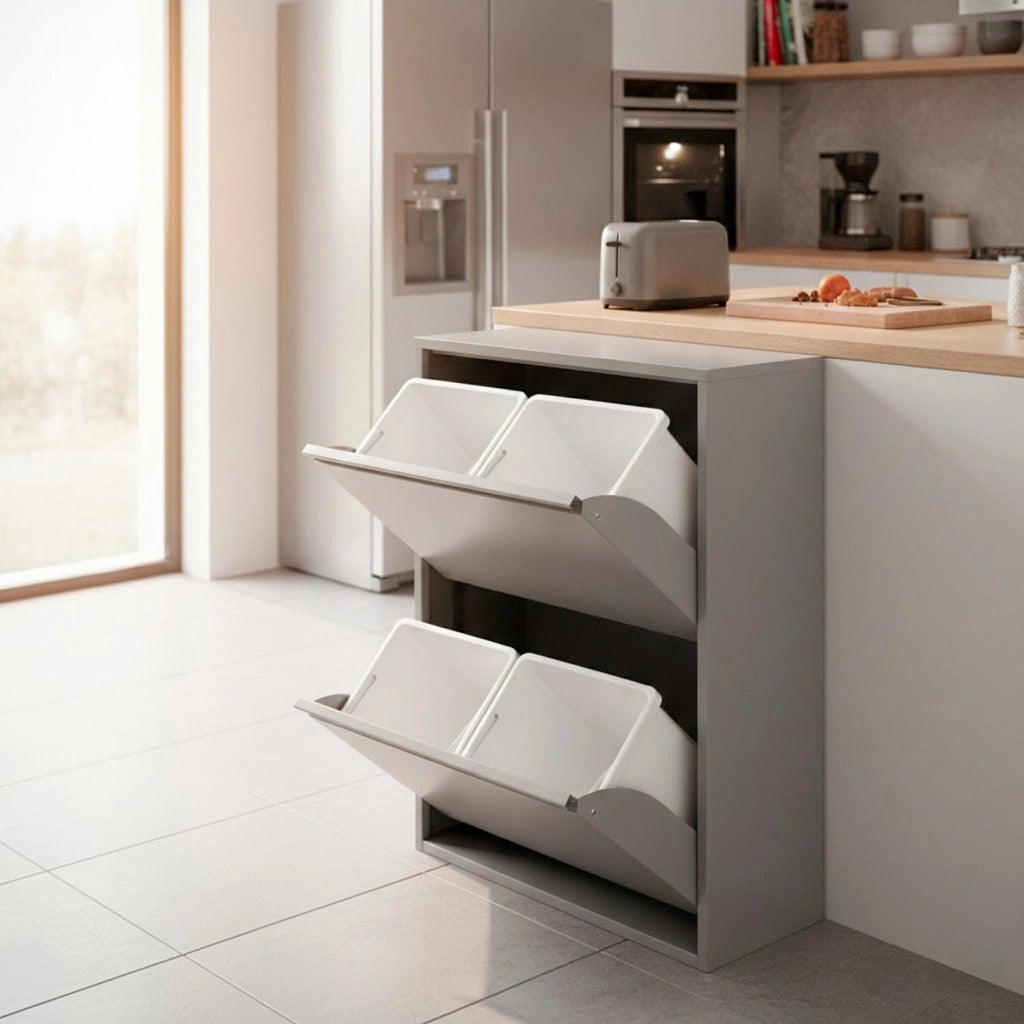 Pattumiera Raccolta Differenziata In Metallo Con 4 Cestini Estraibili E 2 Ante A Ribalta Bidone Cestino Salvaspazio Per Cucina Balcone Lavanderia Moderna 60 x 25 x 92.5 Cm Grigio