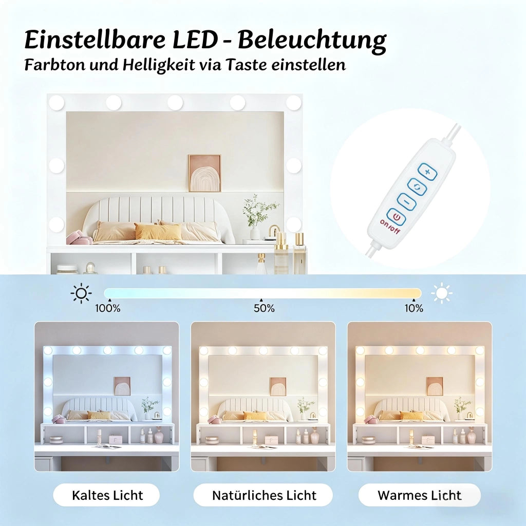 Toeletta con 6 cassetti; 3 vani e specchio LED; mobile angolare per camera da letto in vetro e truciolare bianco