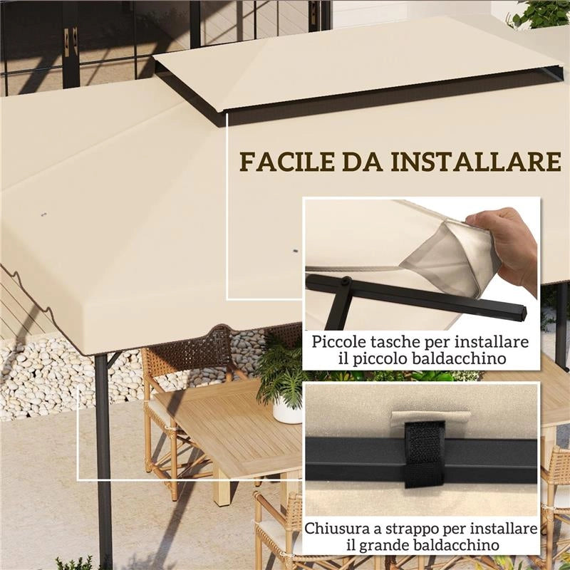 TETTO PER GAZEBO 3X4 M A 2 LIVELLI CON 8 FORI DI DRENAGGIO IN POLIESTERE BIANCO CREMA