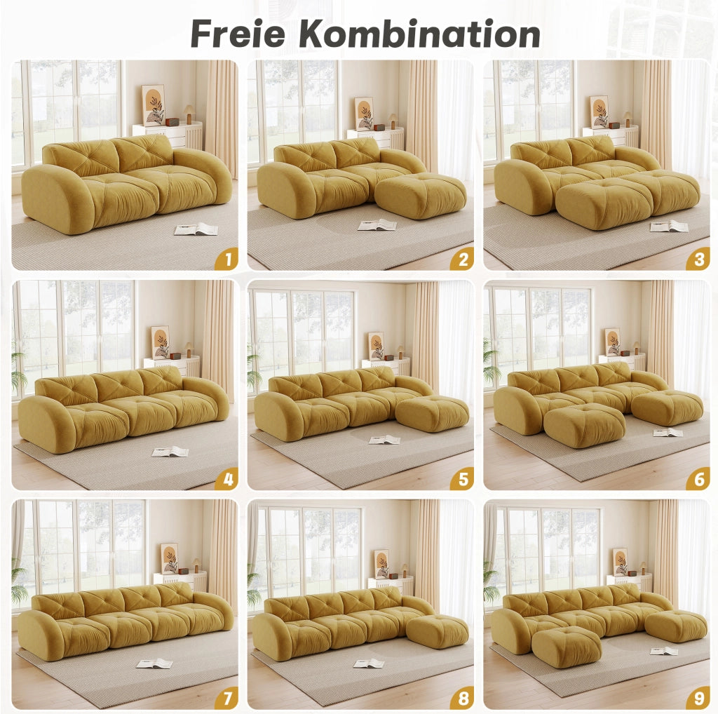 Divano modulare in chenille gialla; 281x171x76 cm; schiuma 32D; portata 200 kg per seduta
