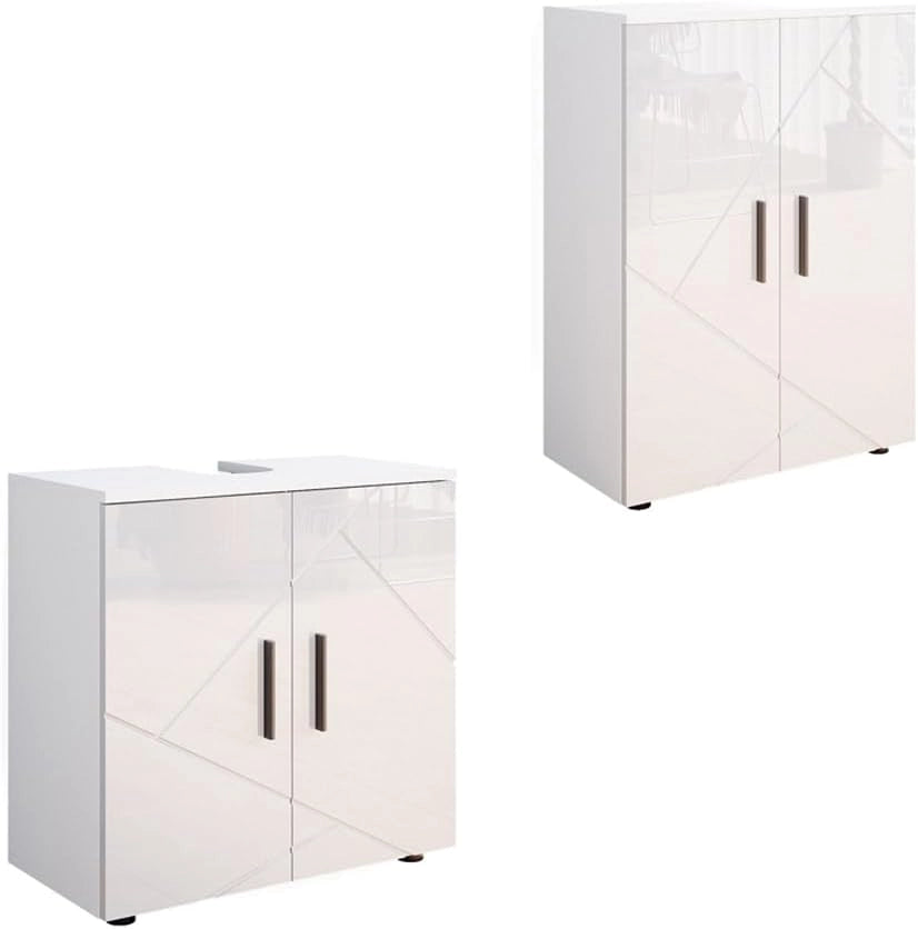 Set di mobili da bagno Irma, Bianco lucido, 2 parti, con unità midi, composto da mobile sottolavabo e armadio medio