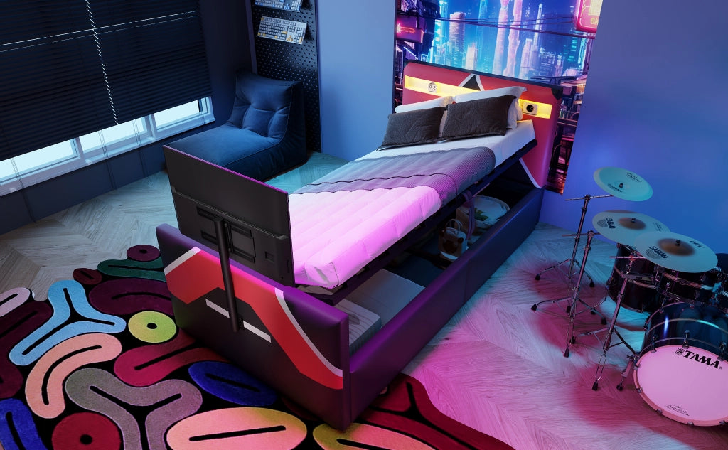 Letto imbottito nero con illuminazione led a cambio colore stoccaggio idraulico supporto tv 90x200 cm