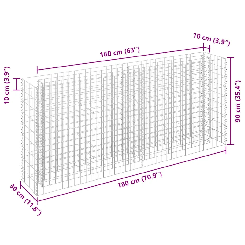 Gabbione Letto Rialzato in Acciaio Zincato 180x30x90 cm 145635