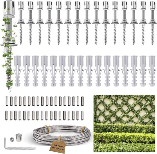 Reticolo per piante in acciaio inossidabile - Set completo con supporti per parete e corda di 3 mm (16 supporti, 24 m)