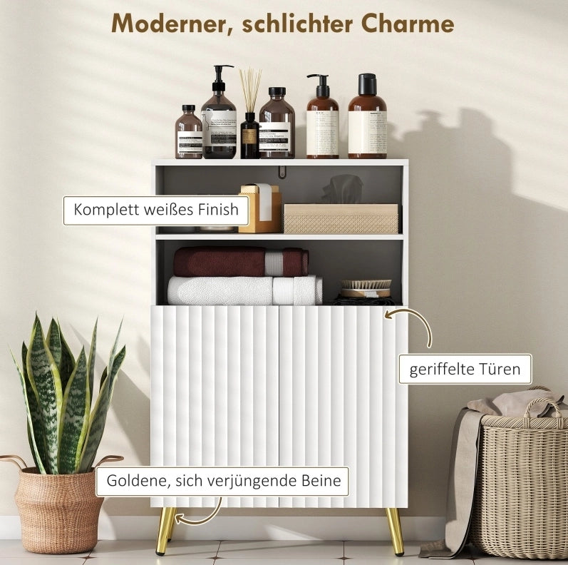 Mobile bagno in MDF bianco con ante soft-close e 2 ripiani aperti, gambe coniche dorate
