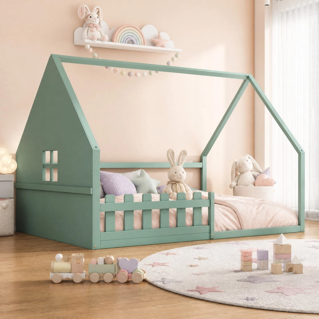 DESMIU Letto per Bambini Letto a Casetta 140 × 200 cm 2 Posti con Sponde, Senza Materasso, in Pino e MDF, Verde