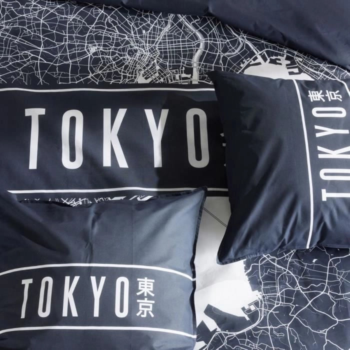 Completo letto - TODAY - JAVA - 2 persone - 240x220 cm - Cotone - Stampa Tokyo - Blu scuro