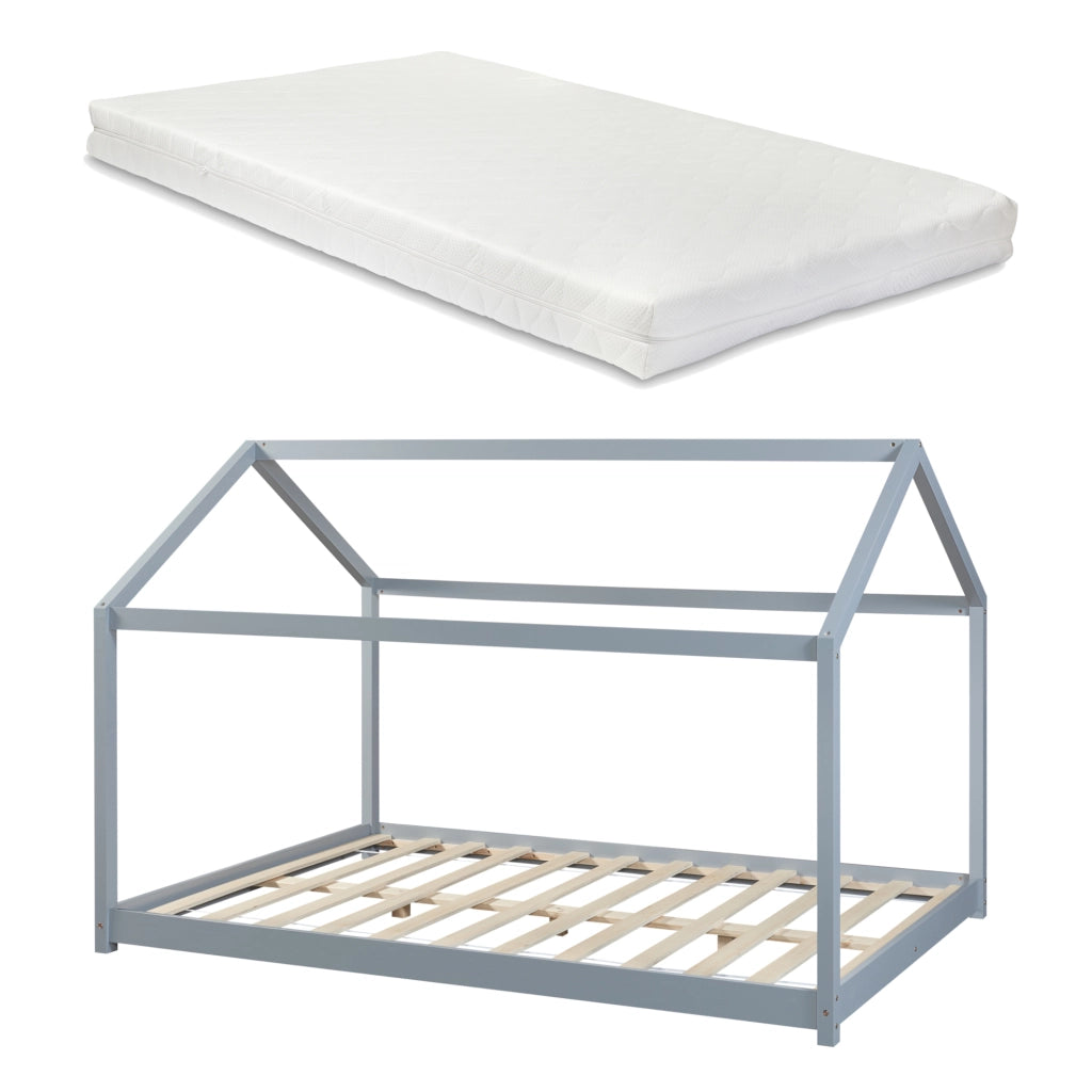 Letto per Cameretta Cerro a Forma di Casetta con Materasso 140 x 200 cm Grigio [en.casa]