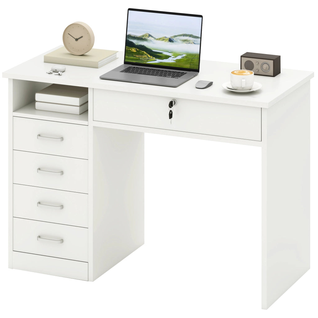 Scrivania per Camera o Ufficio in Legno con 2 Cassetti e 2 Chiavi, 110x50x76cm - Bianco