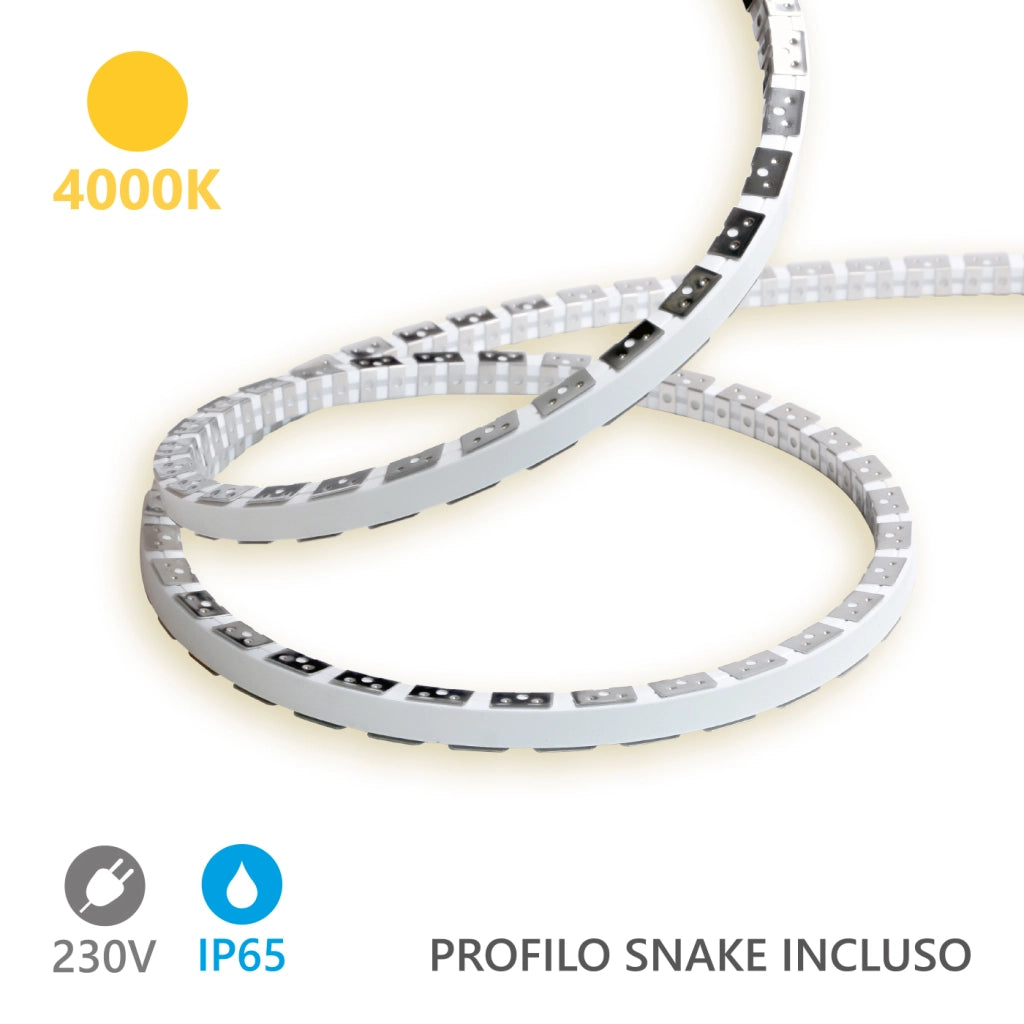 Alcapower Striscia LED Snake Flex 5m IP65 230V 12W/m 4000K Luce Naturale 120 LED/m Flessibile Silicone Protezione Umidità Alta Efficienza