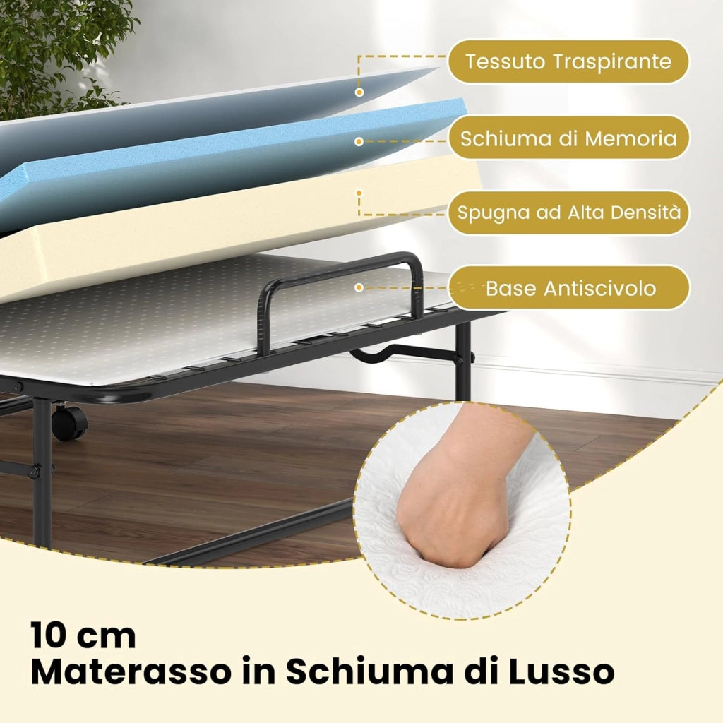Letto Pieghevole con Materasso, Letto Singolo Pieghevole per Ospiti con Memory Foam e Struttura in Metallo, Brandina con Ruote, 190 x 90 cm, Carico 220 kg